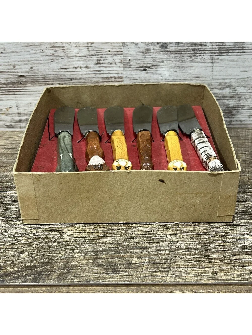 Vintage Boston Warehouse Butter Spreader Cheese Knife 6 Pc. Set Zoo Animals